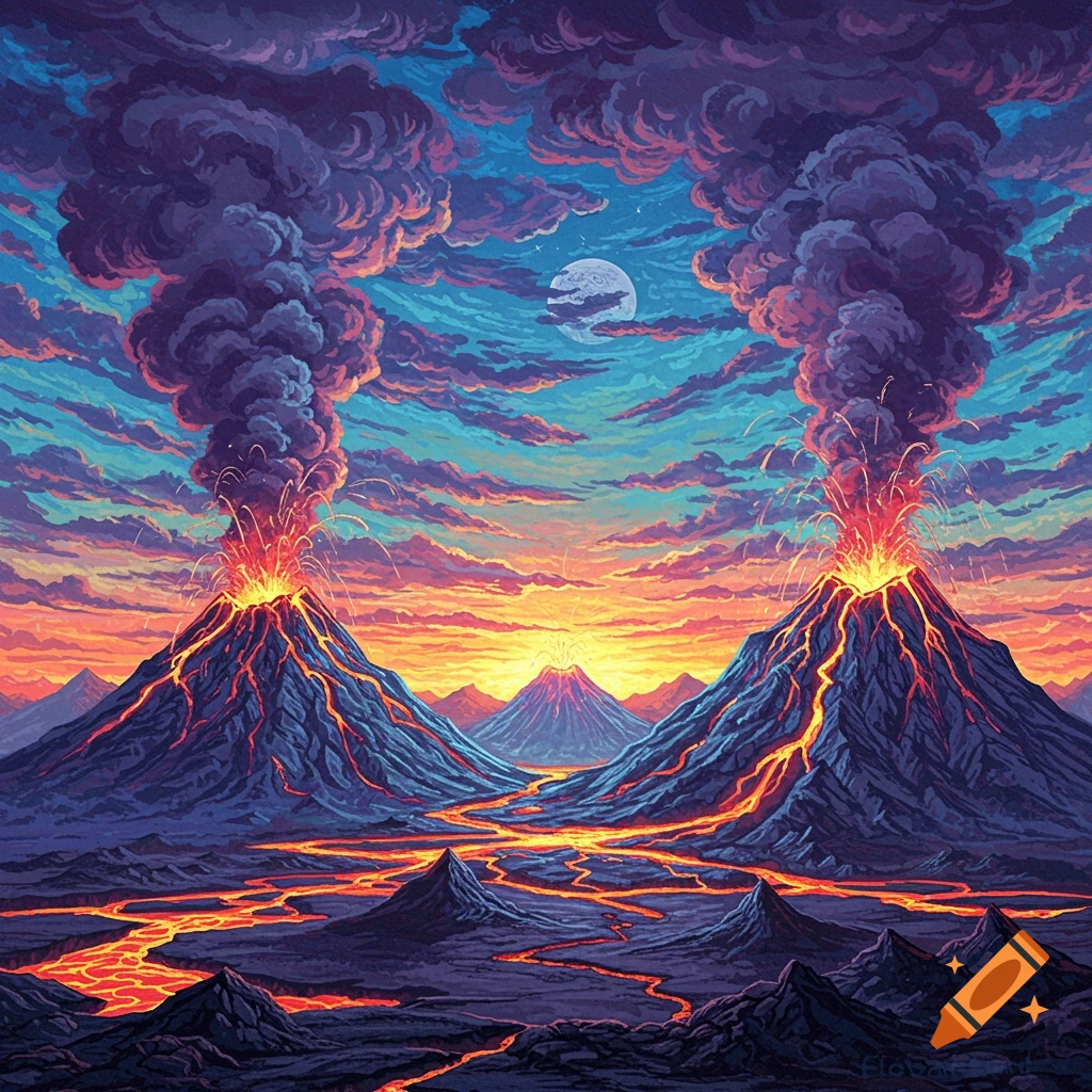 Trippy volcanoes erupting under a sunset sky with a large moon.