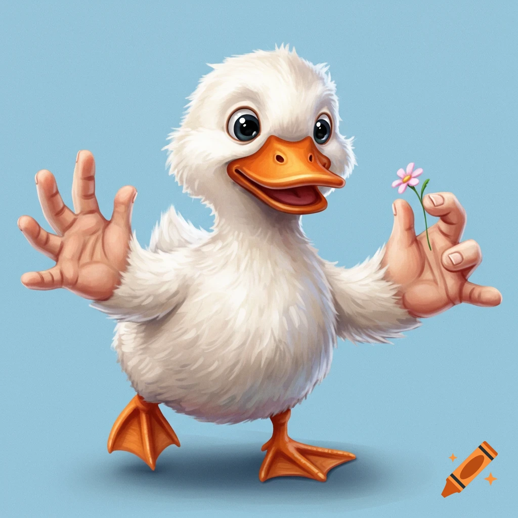 Cute duckling with human hands holds a pink flower.