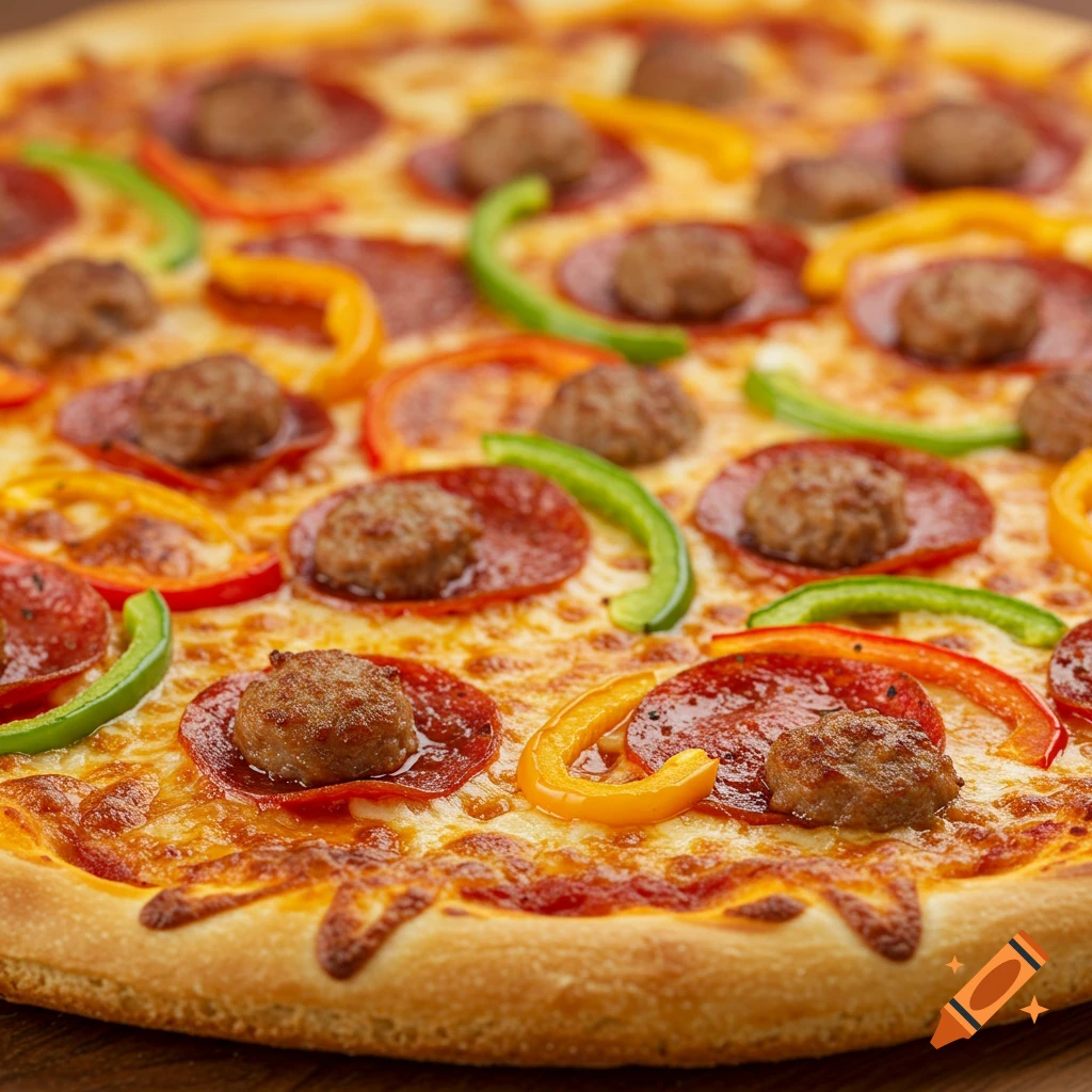 A close-up, high-angle shot of a pepperoni, sausage, and pepper pizza.