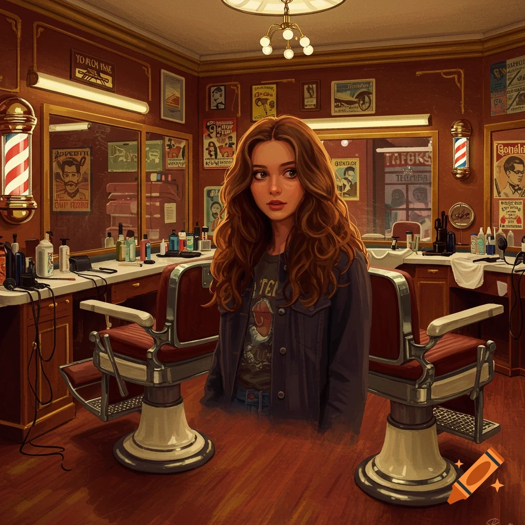A woman with brown hair is in a barbershop.