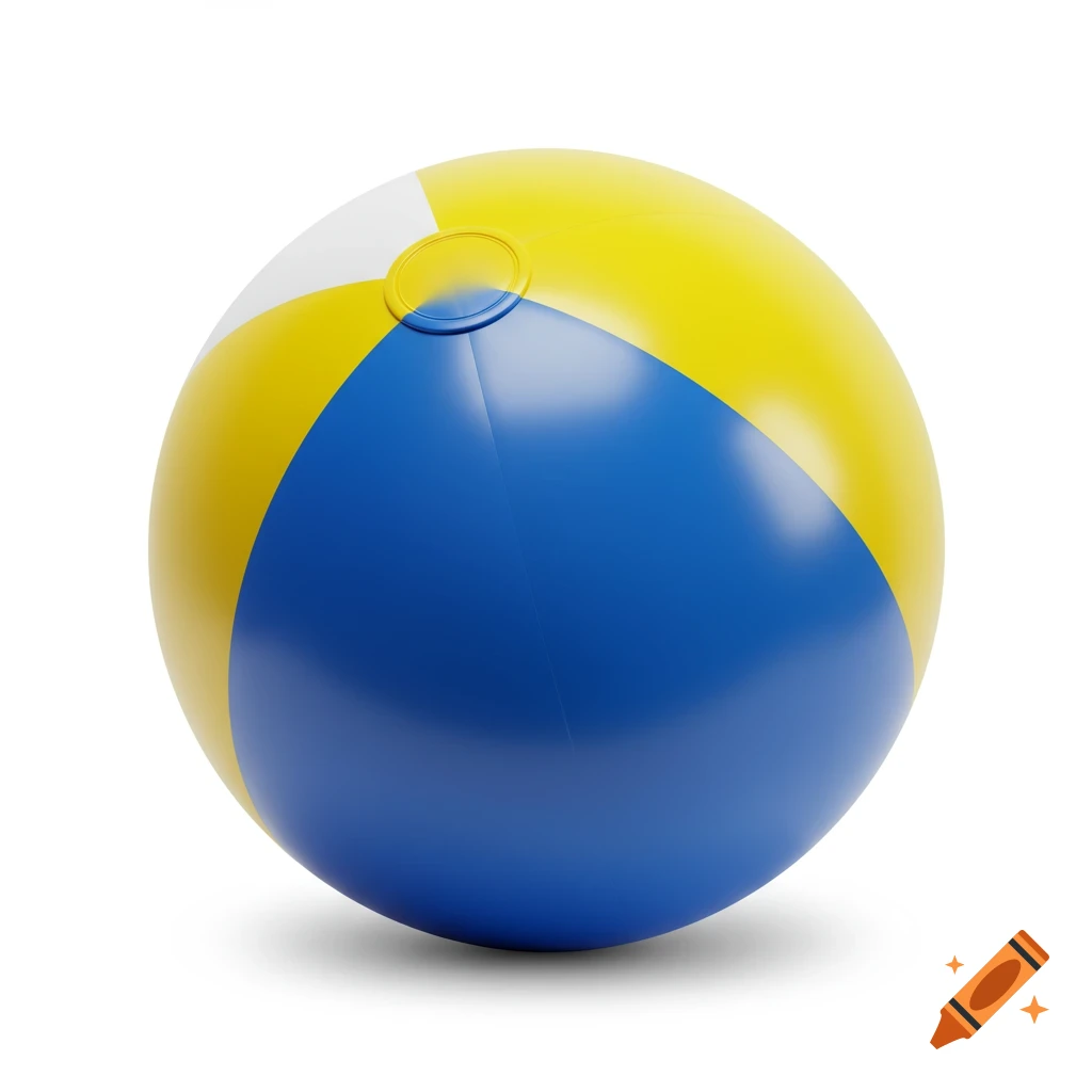 3D beach ball with blue, yellow, and white sections on a white background