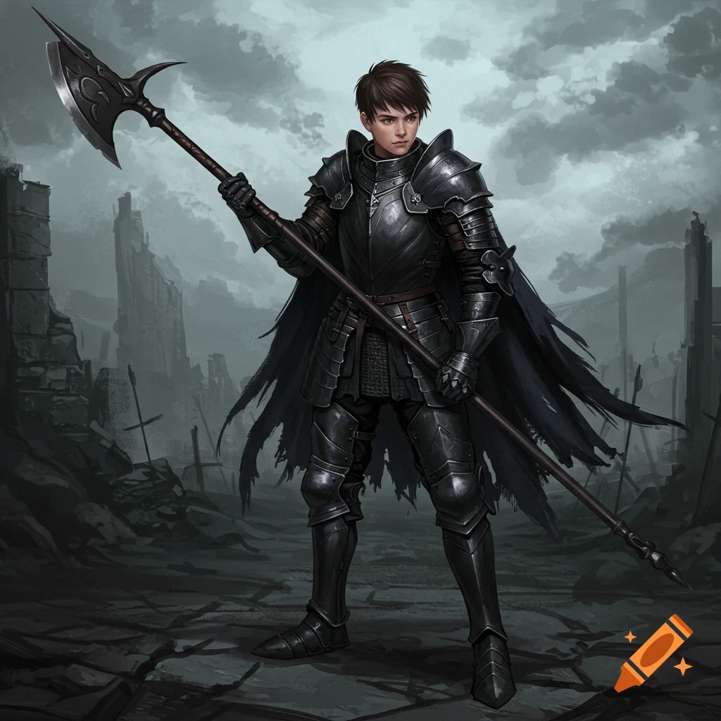 A young knight in black armor holds a glaive in a ruined landscape.