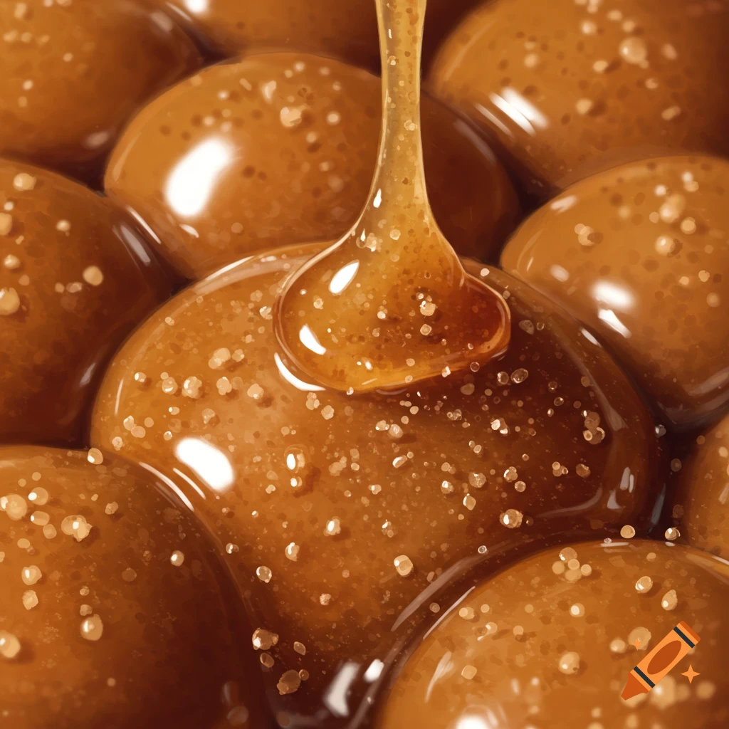 Close-up of glossy caramel or cinnamon melts with sugar crystals, liquid pouring on top.