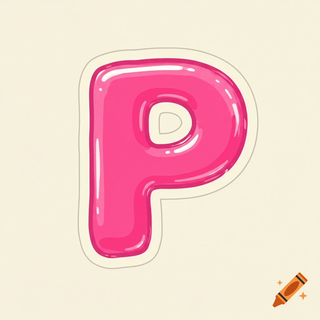 Large pink glossy letter P sticker on a light background