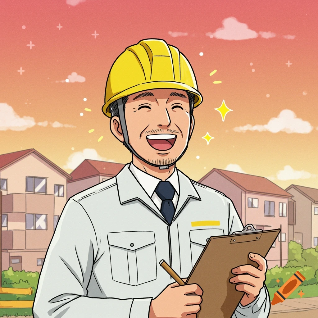 Happy building inspector with clipboard and pencil in front of houses at sunset, cartoon style.