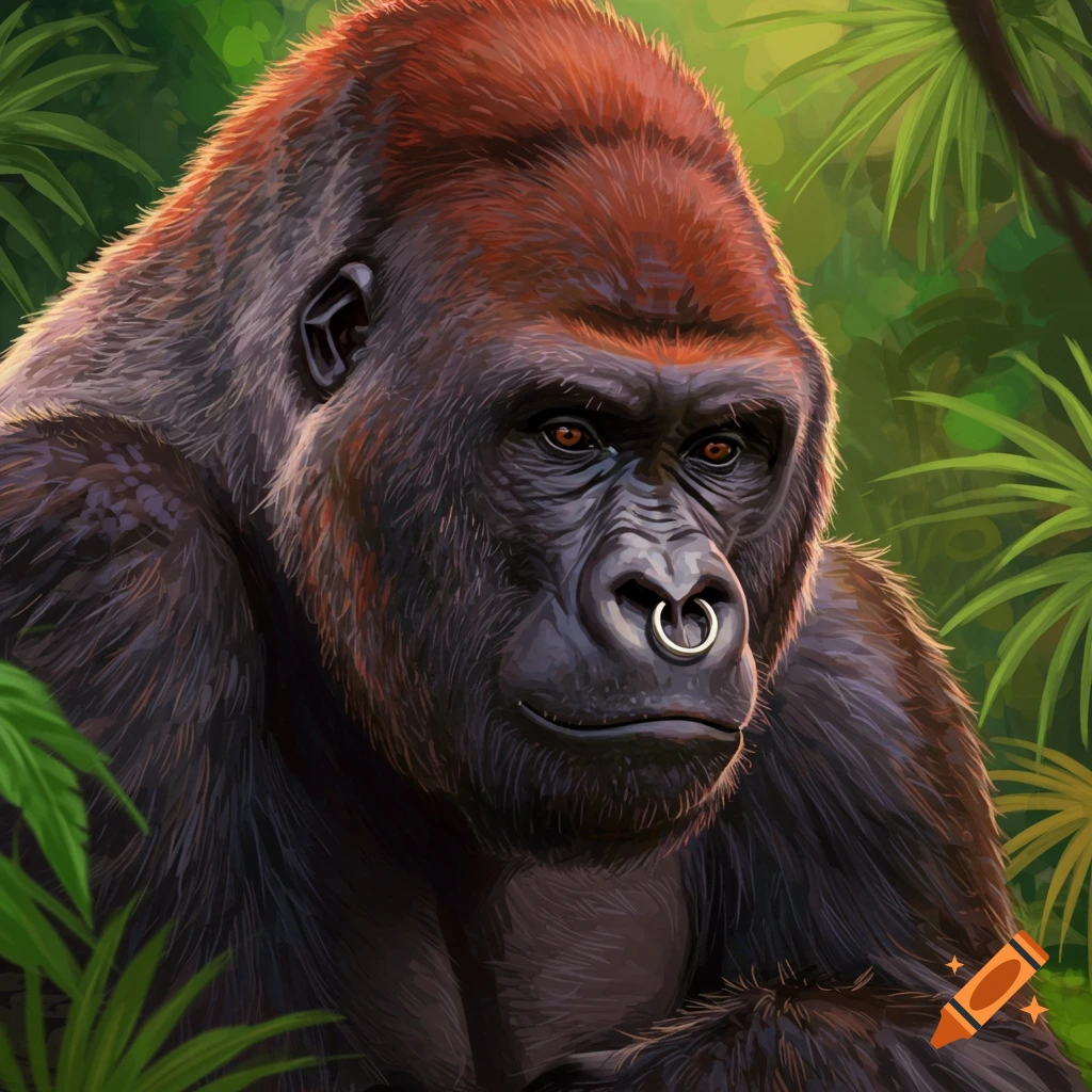 A gorilla with a nose piercing in a jungle