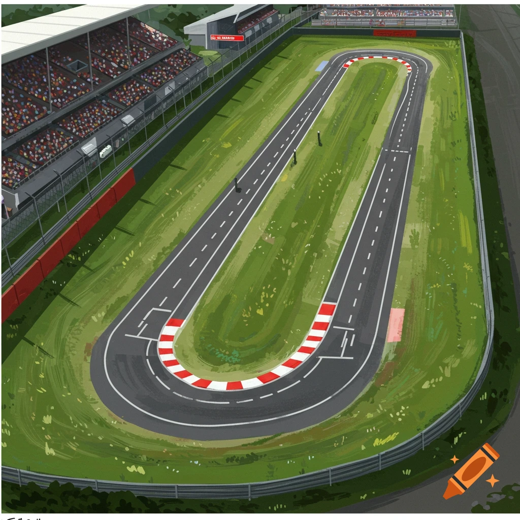 Aerial view of an F1 race track layout with grandstands.