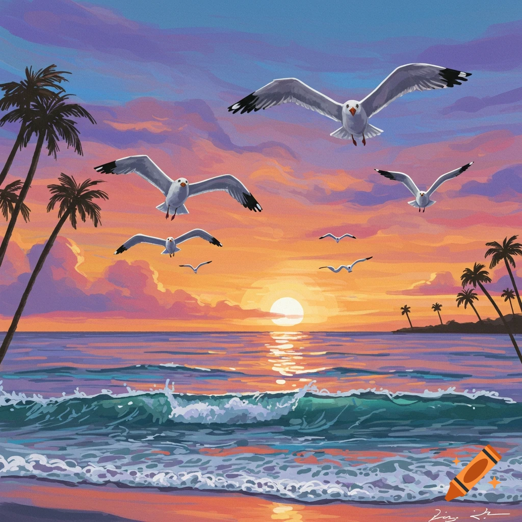 Seagulls flying over an ocean beach at sunset with palm trees.
