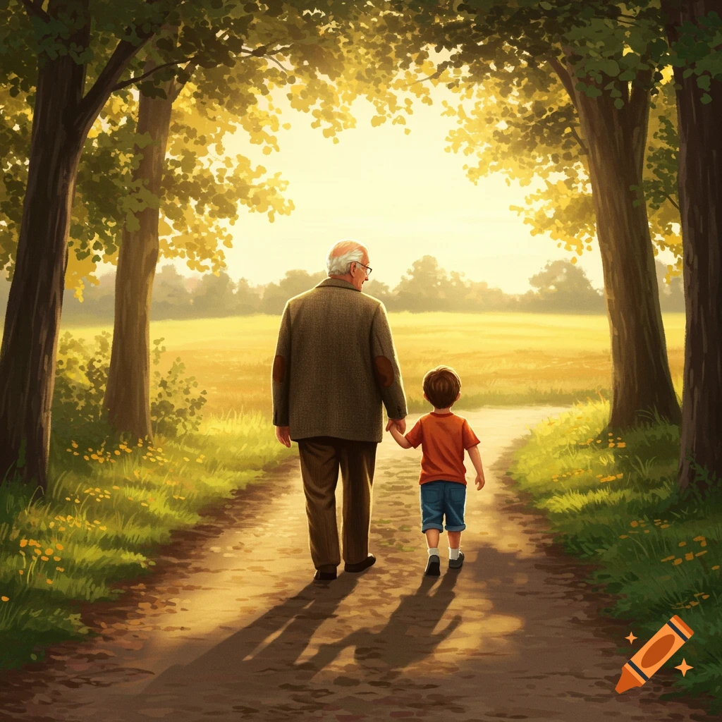 A grandpa and grandson walk hand-in-hand down a sunny forest path.