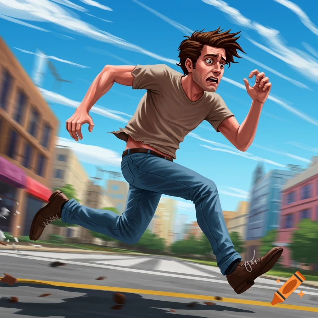 A worried man running fast through a blurry city street