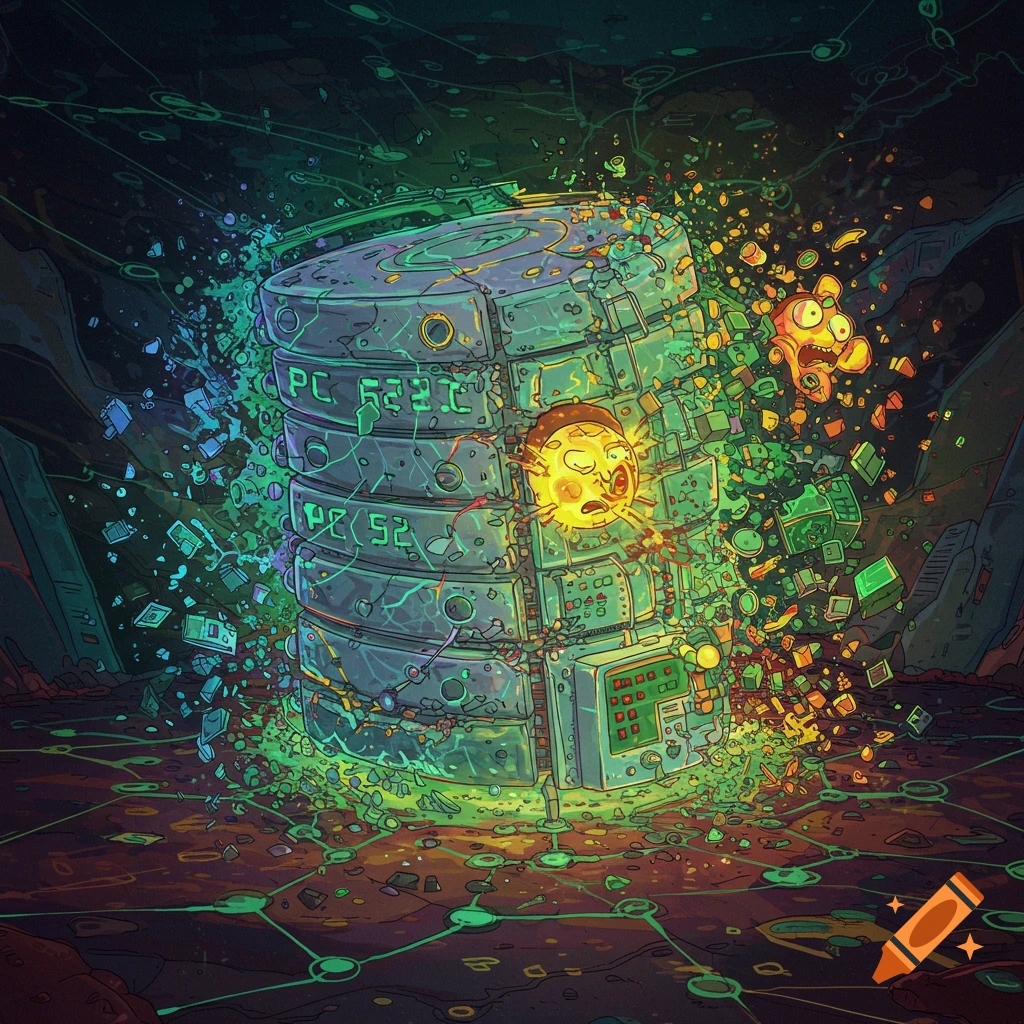 A database disintegrating in Rick and Morty style.