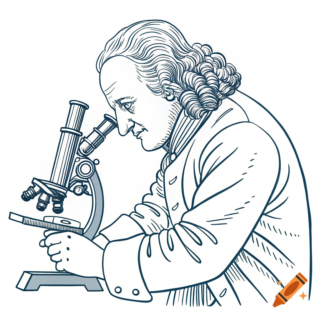 An outline drawing of Robert Hooke looking into a microscope.