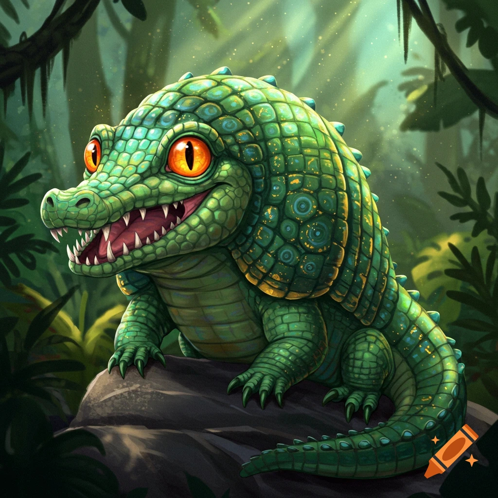 Cartoon green creature with scales and big eyes sitting on a rock in a jungle.