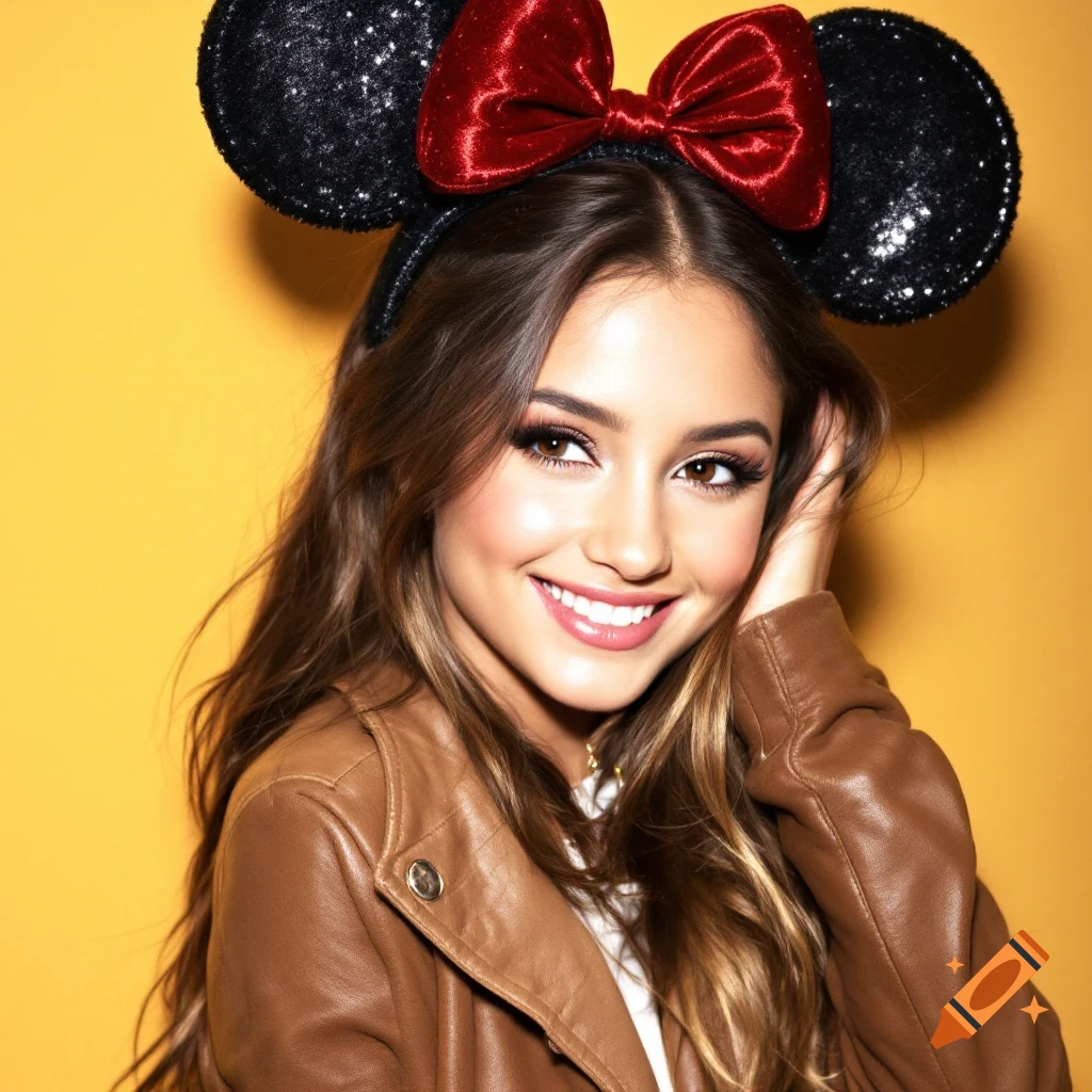 A young woman wearing sequined Minnie Mouse ears and a brown leather jacket smiles against a yellow background.