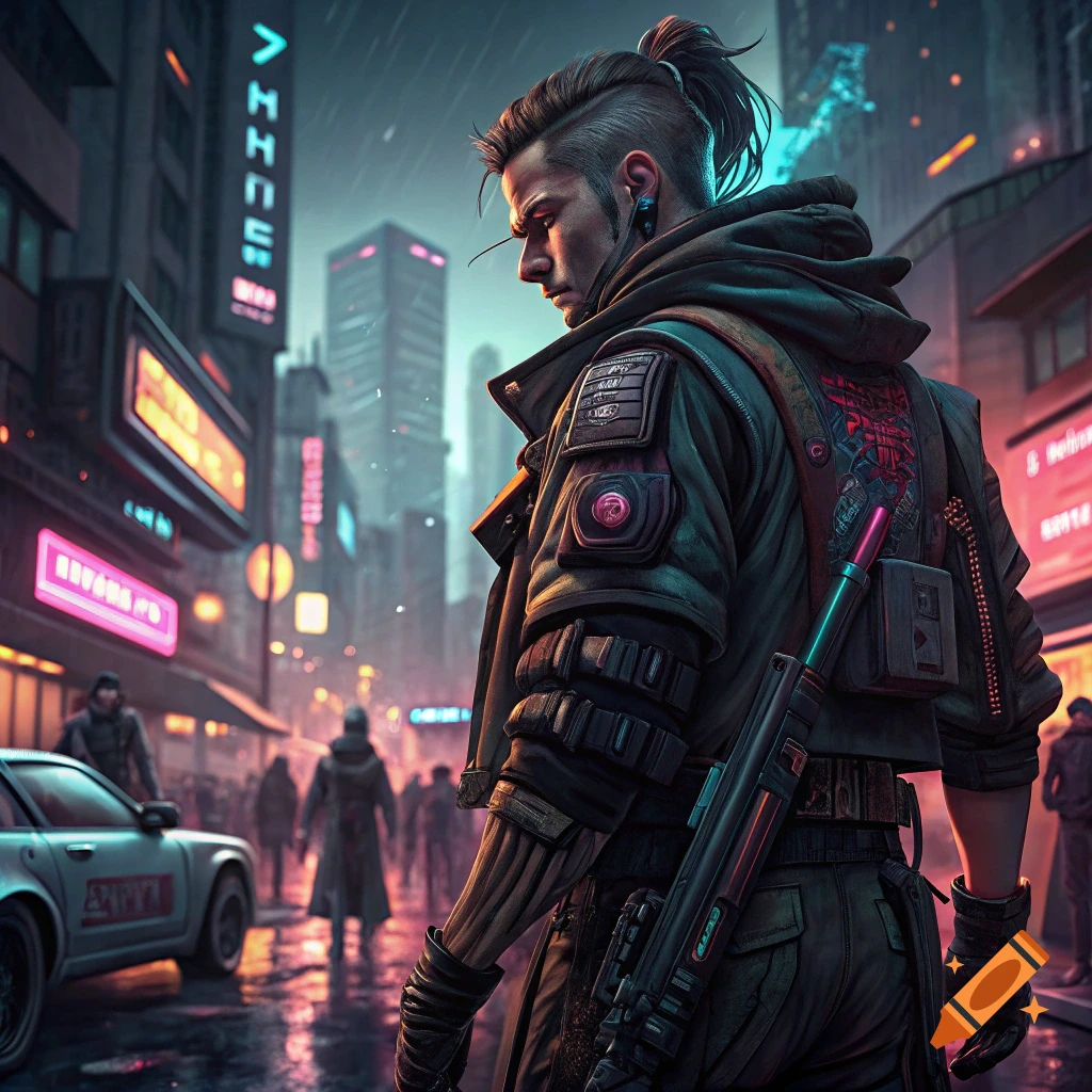 A man in cyberpunk gear stands on a rainy street in a futuristic city with neon signs.