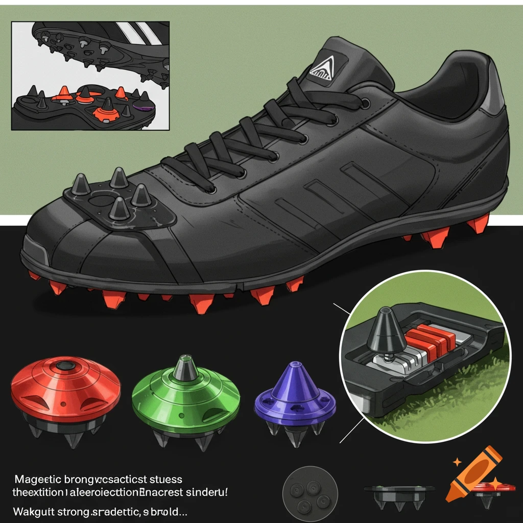 A black sports shoe with red cleats and diagrams showing interchangeable magnetic studs.