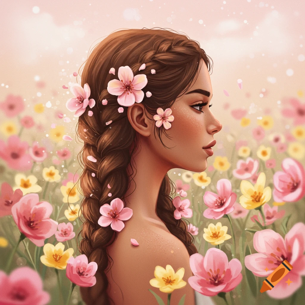 A woman in profile view is in a field of pink and yellow flowers, her braided hair adorned with blossoms.