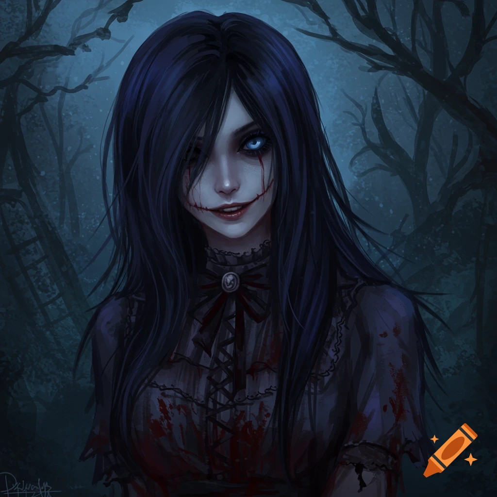 Female horror character with dark hair, stitched smile, and bloody tear tracks in a forest.