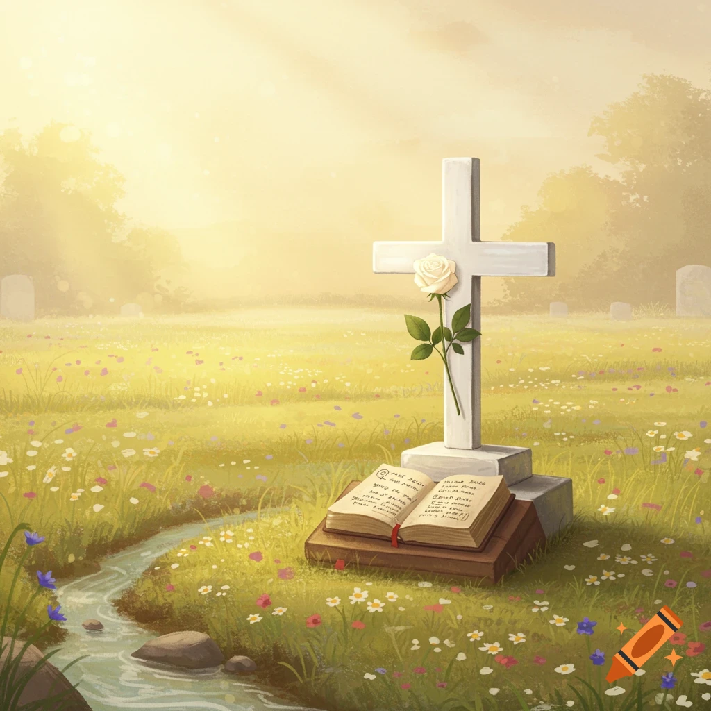 A memorial cross with a rose, book, stream, and wildflowers in golden light.