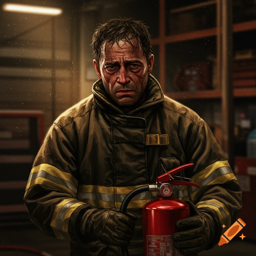 A tired firefighter in protective gear holds a red fire extinguisher.