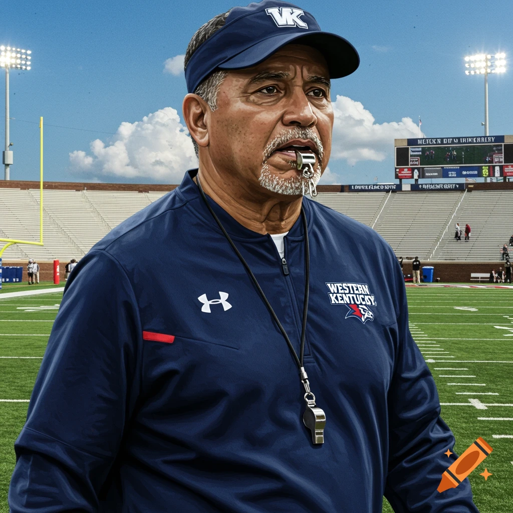 A football coach is on a field wearing a Western Kentucky jacket and visor.