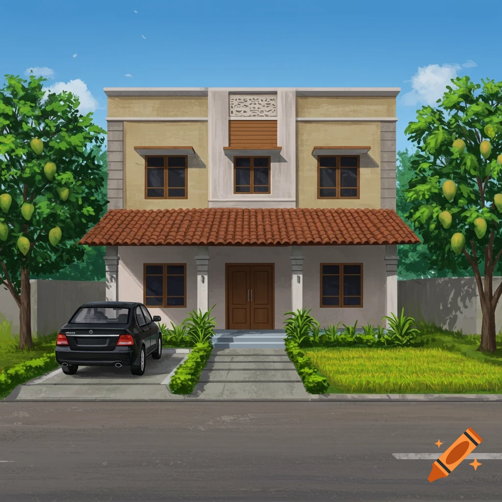 Two-story house with a porch, black car in the driveway, and mango trees in the yard.