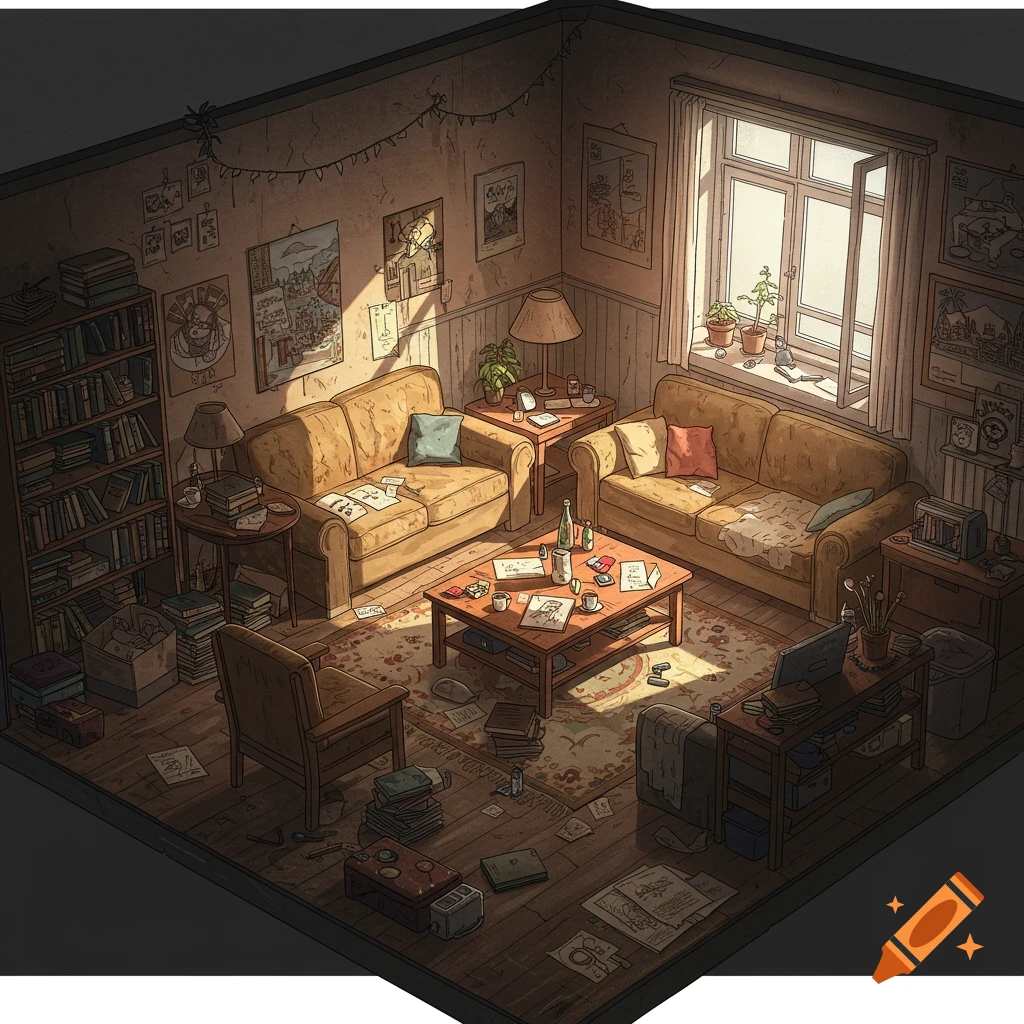 An isometric view of a messy, cluttered living room with couches, books, papers, and plants.
