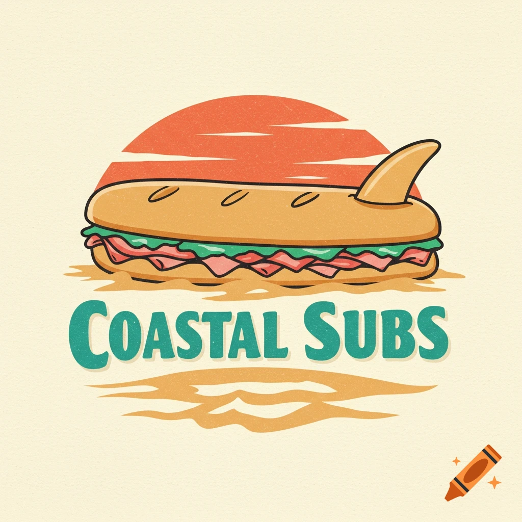 Cartoon logo of a sub sandwich with a shark fin, sun, and text 'COASTAL SUBS'.