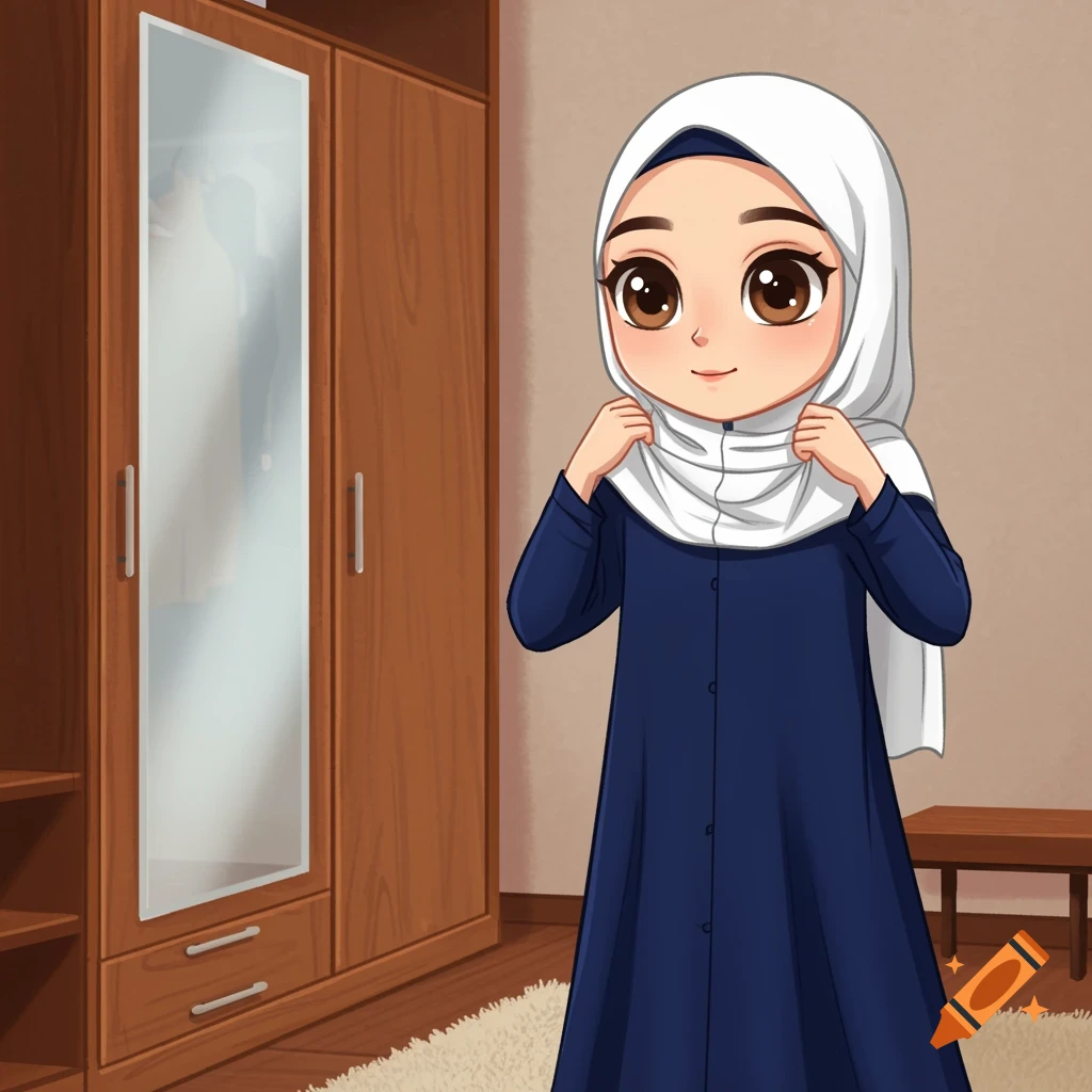 Cartoon girl in hijab and navy dress adjusting hijab in front of a mirror.