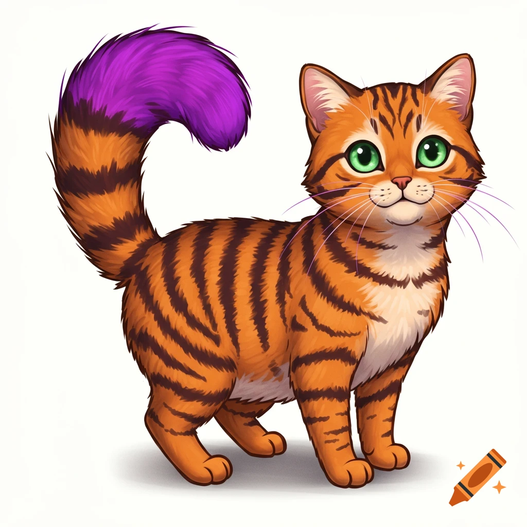 A cute cartoon tabby cat with bright green eyes and a fluffy purple tail stands on a white background.