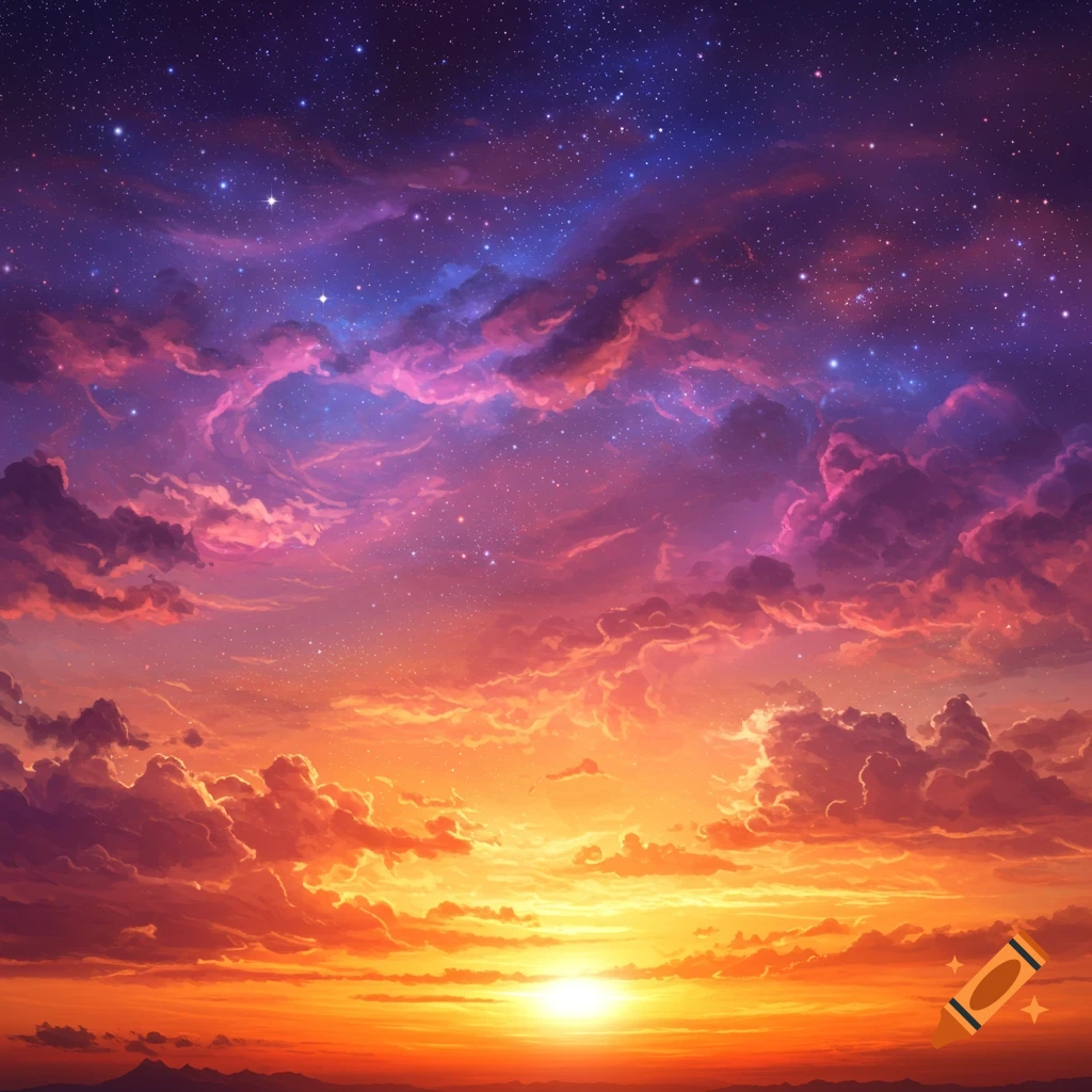 A vibrant space sunset with colorful clouds and stars.