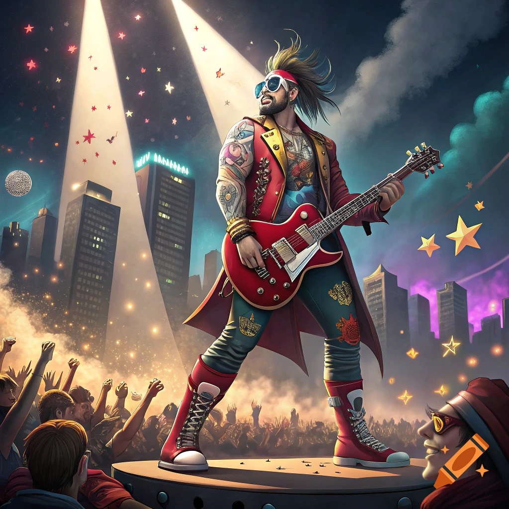 A rock star with tattoos and sunglasses plays a red guitar on stage under spotlights, in front of a cheering crowd and city skyline.
