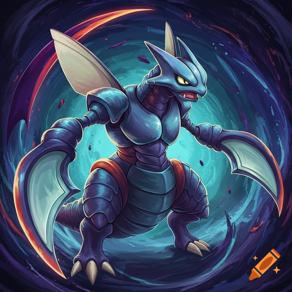A muscular blue insectoid creature with large claws is shown against a swirling background.