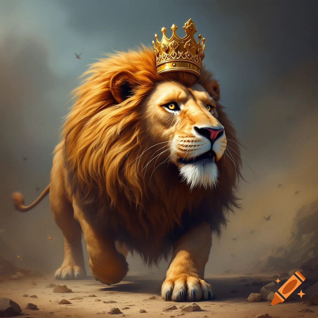A majestic lion wearing a golden crown walks forward