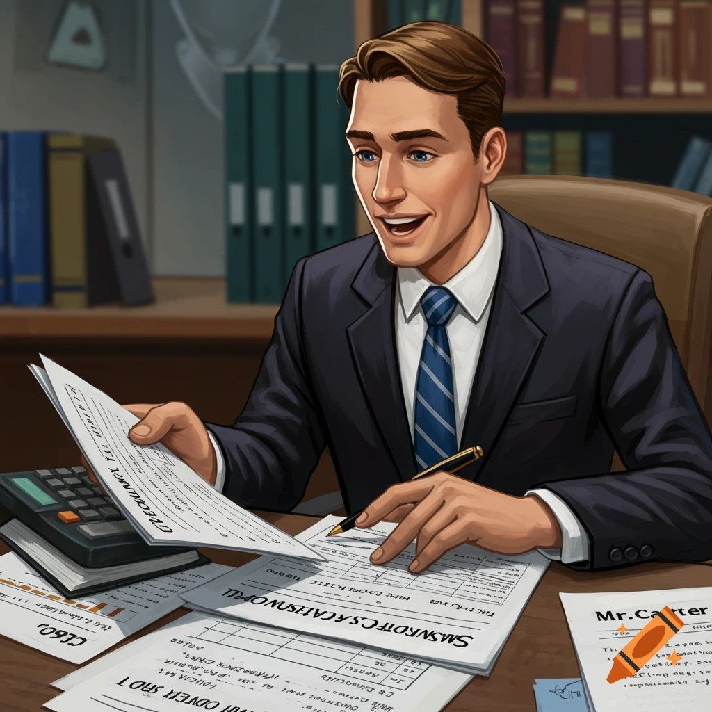 An enthusiastic man in a suit reviews papers at a desk.