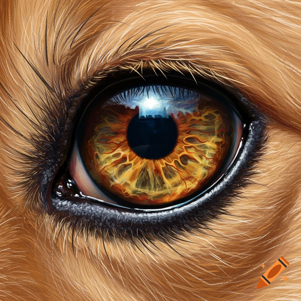 Close-up of a dog's eye with reflective pupil