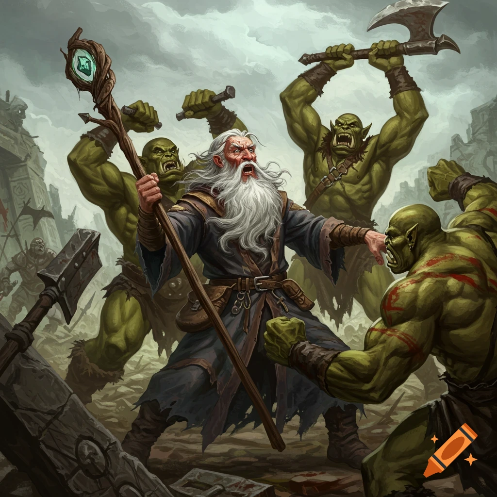 A wizard fights orcs in a battle scene.
