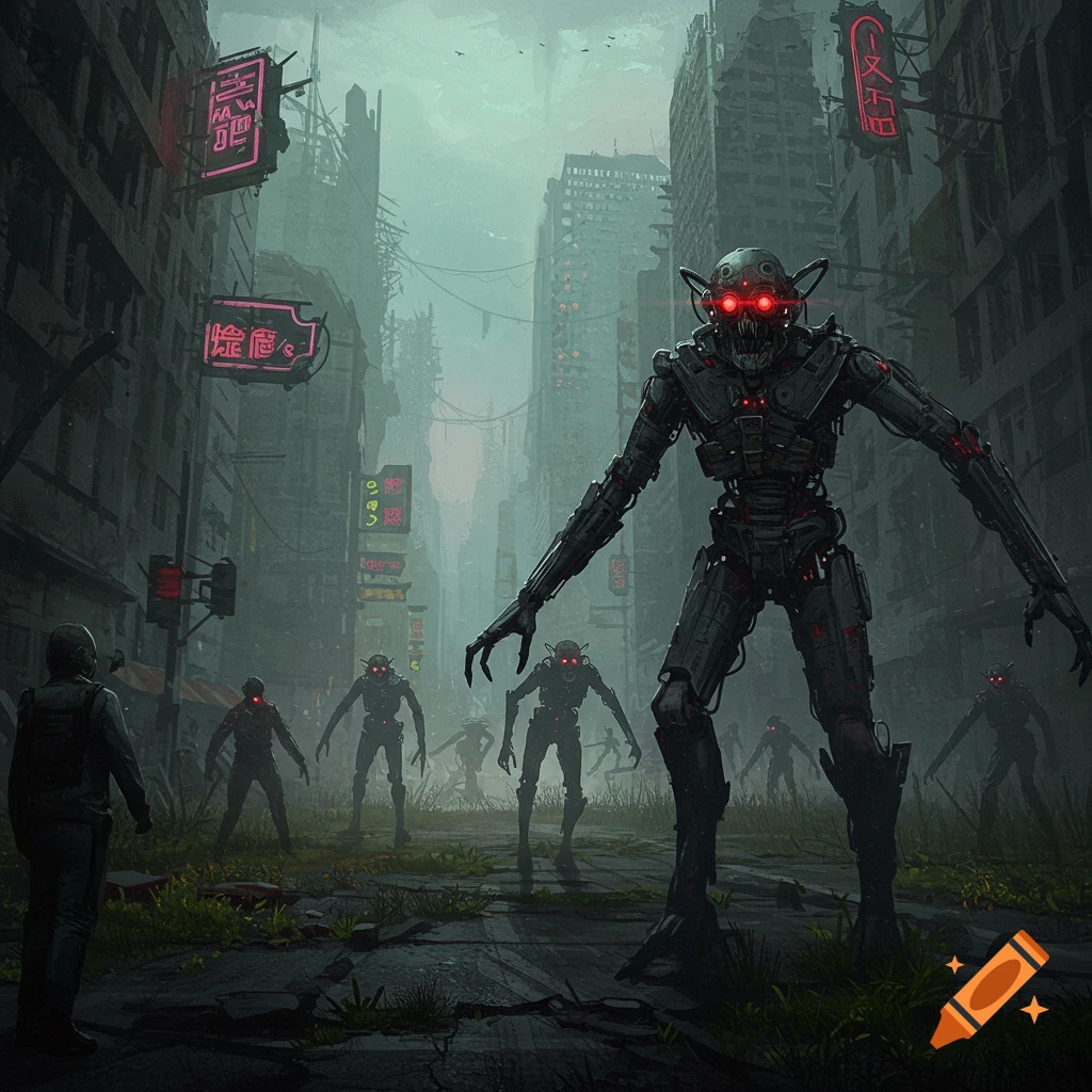 Robots in a ruined dystopian city with neon signs.