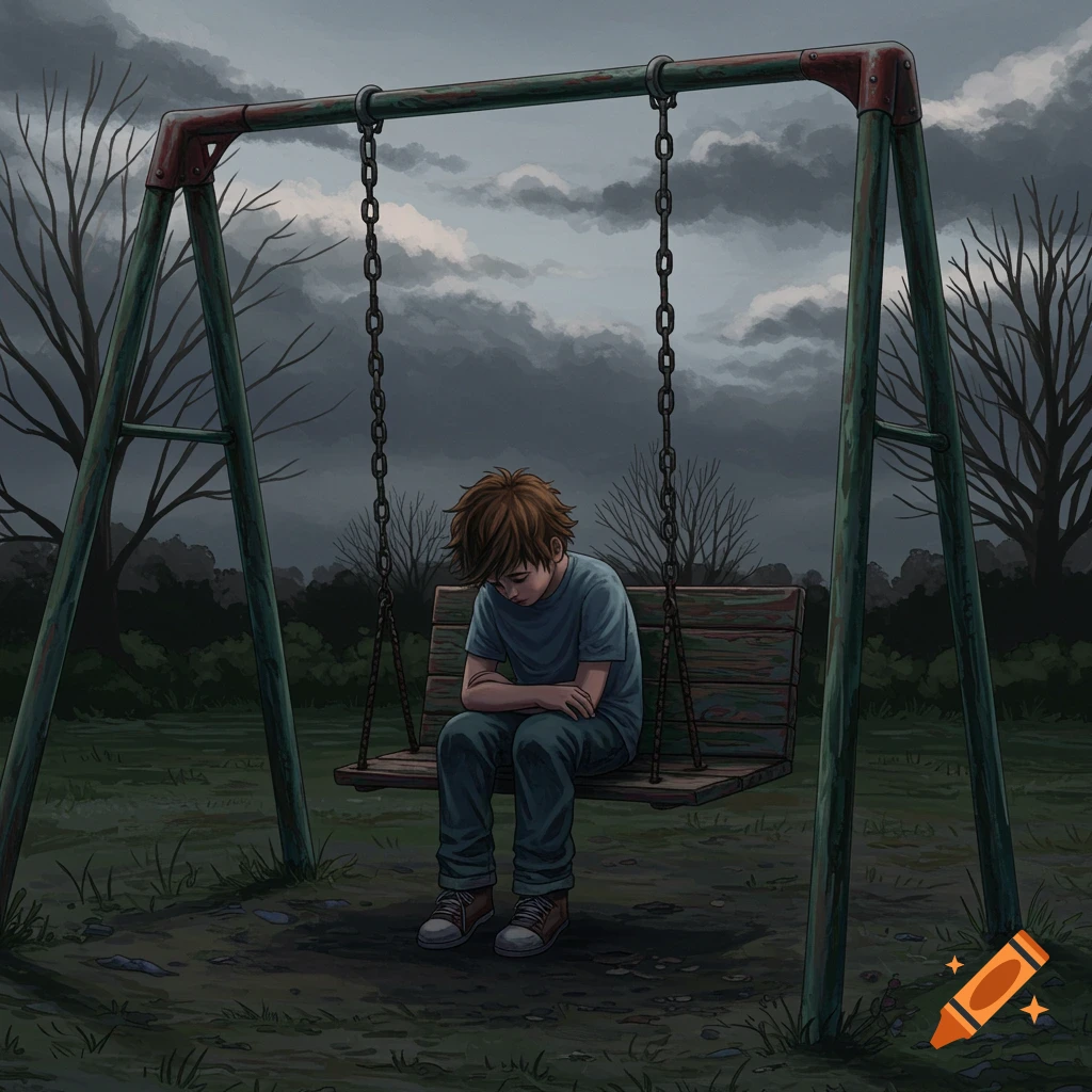 A young boy with bowed head sits on a swing set in a deserted playground under a dark, cloudy sky.