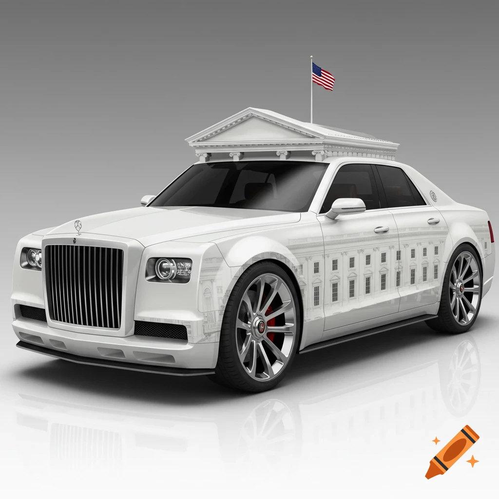 White car modified to resemble the White House with a US flag on top.