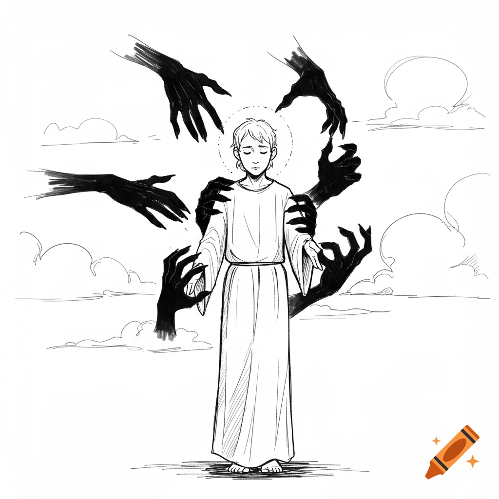 Sketch of a holy figure surrounded by shadowy hands, symbolizing temptation.
