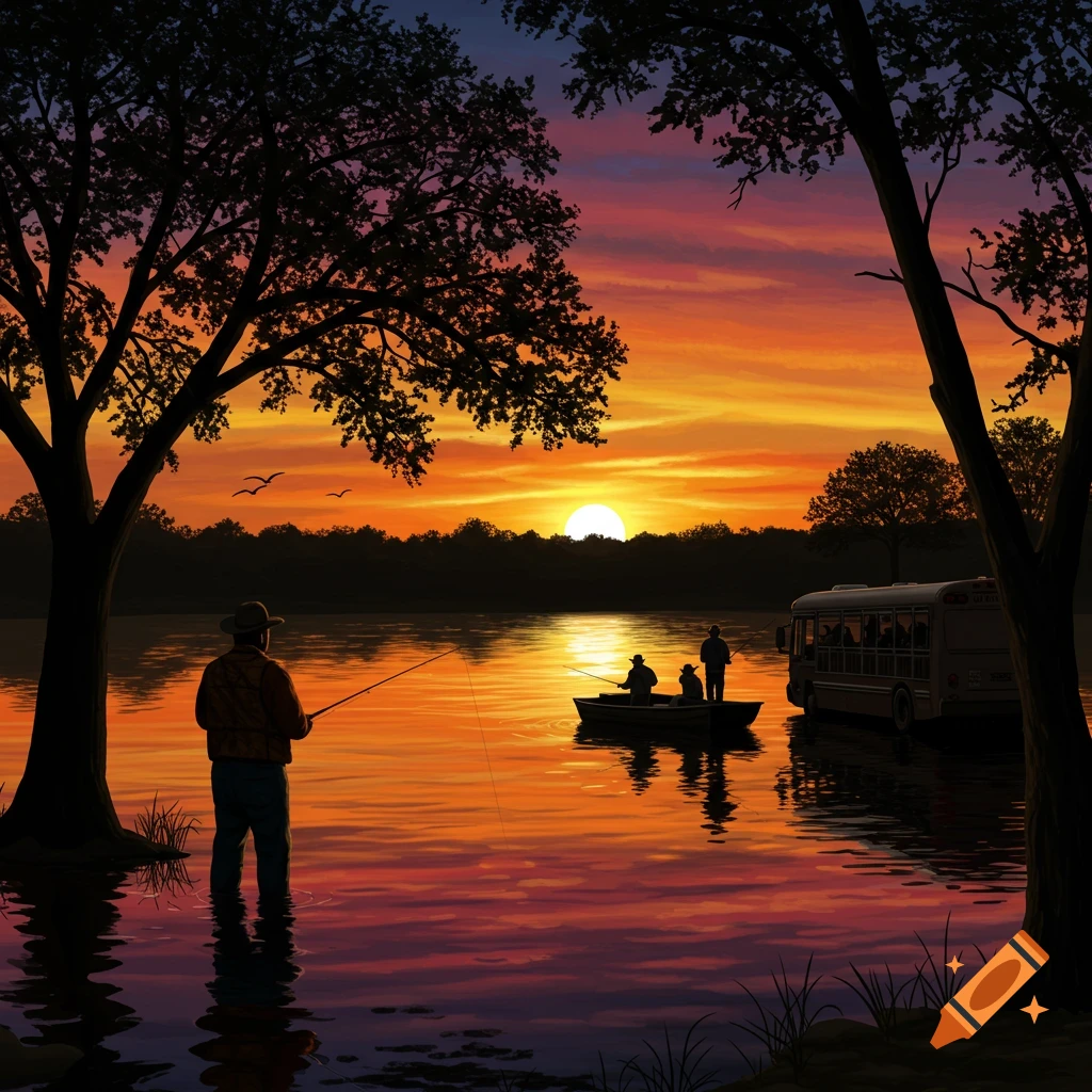 Silhouette of people fishing in a lake at sunset with a bus on the shore.