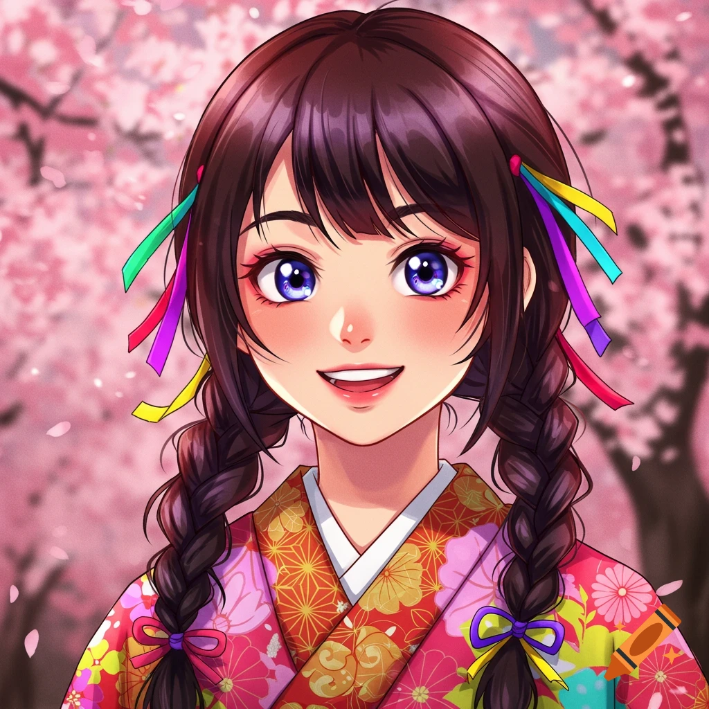 Anime girl in kimono among cherry blossoms