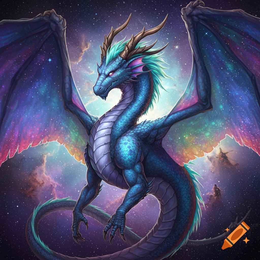 A blue dragon with starry wings flies in space.