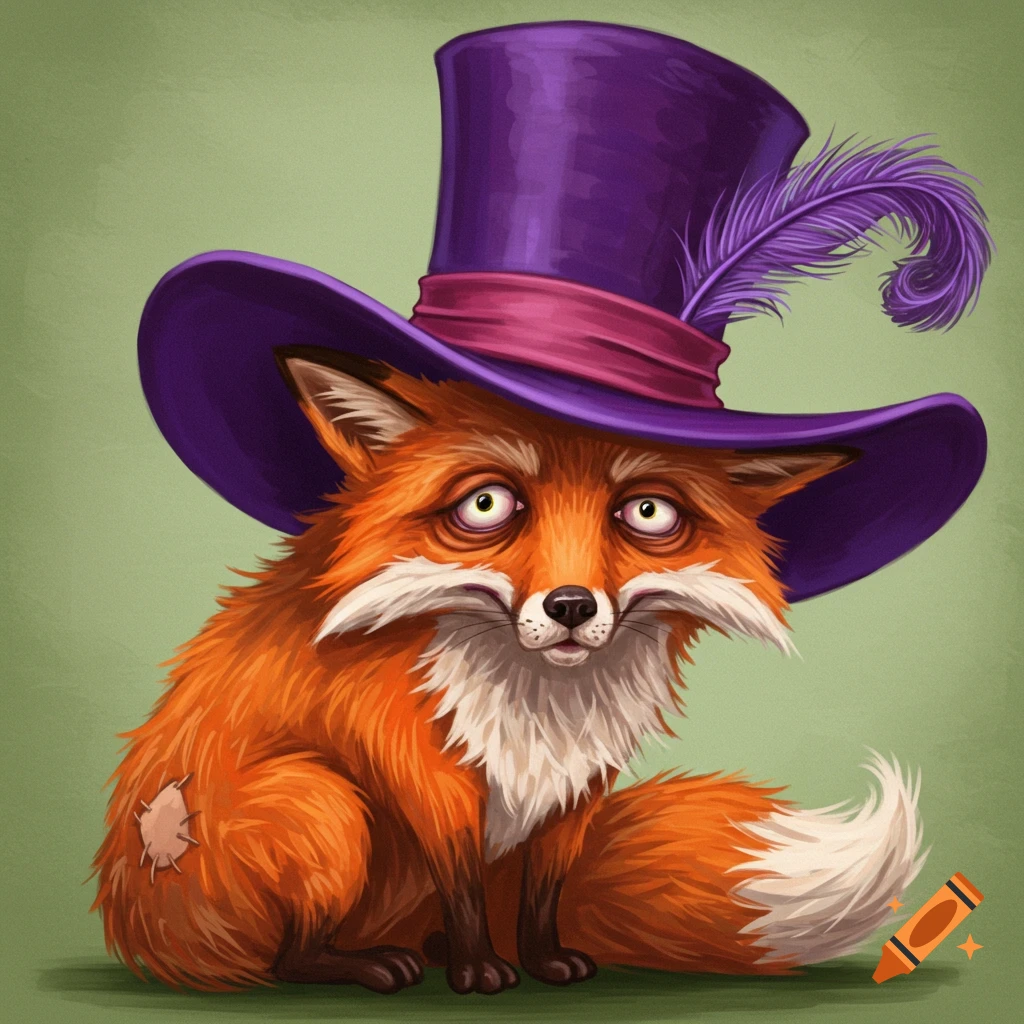 A fox wearing a purple top hat with a feather.