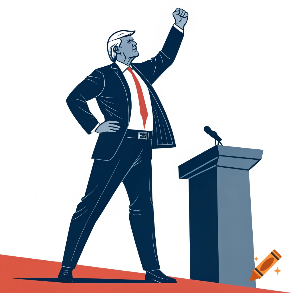 A vector illustration of a man resembling a political leader with his fist raised, standing next to a podium.