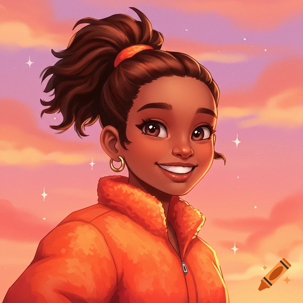 Digital illustration of a brown-skinned girl with a ponytail and orange jacket smiling against a sunset sky.