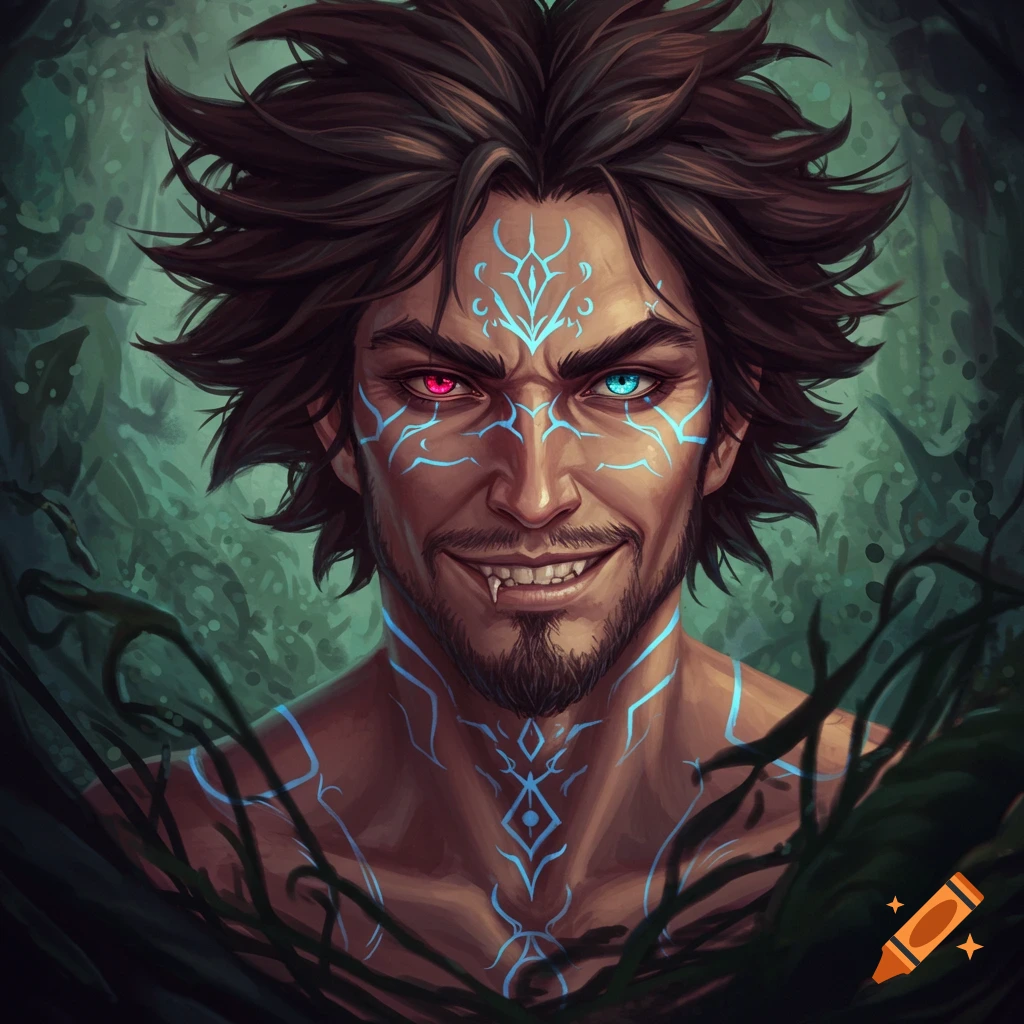A man with different colored eyes, sharp teeth, and glowing blue patterns on his face and chest, surrounded by foliage.