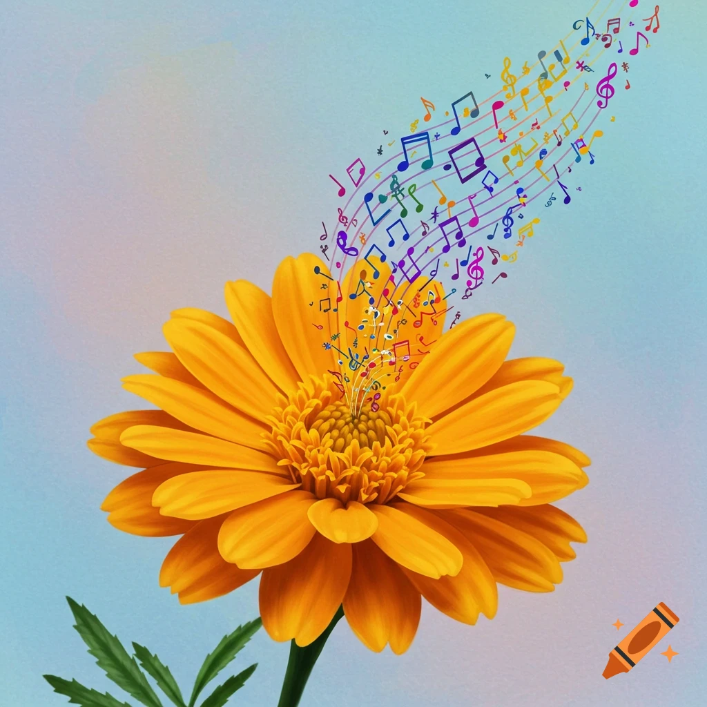 A bright yellow marigold flower with colorful musical notes floating upwards from its center against a light blue background.