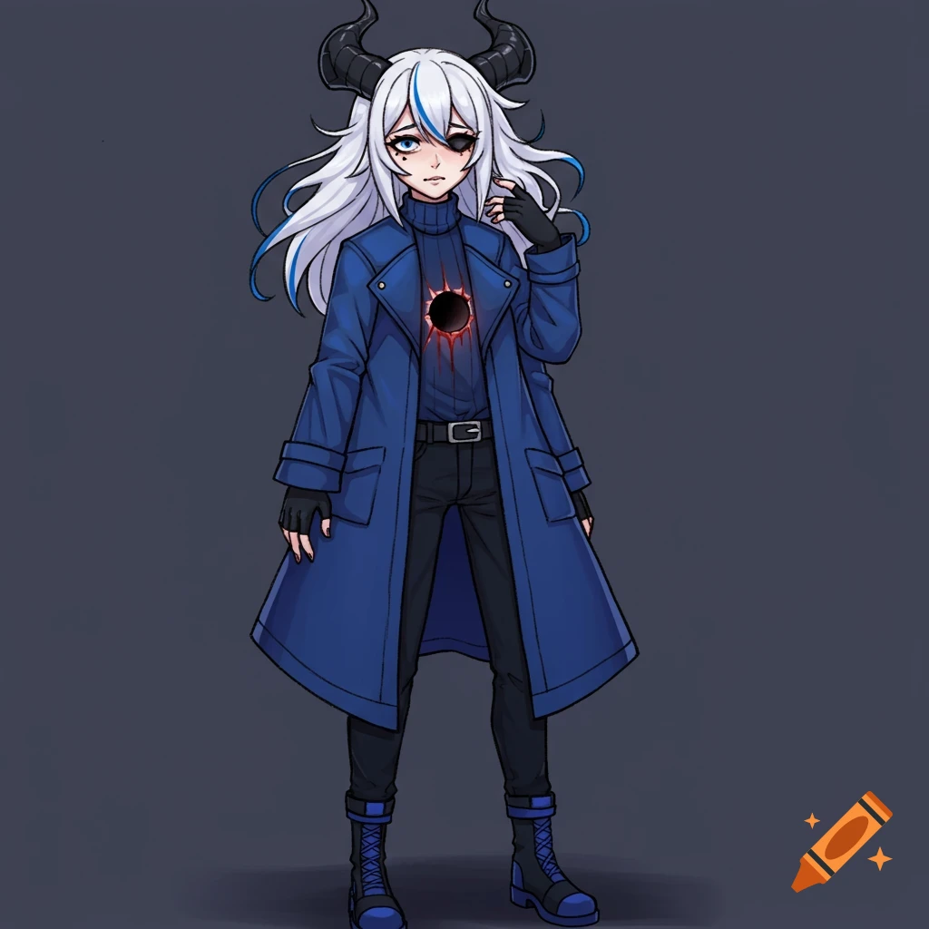 Anime character with horns, eye patch, white hair with blue streaks, blue coat, and a hole in their chest.